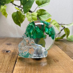 以下が含まれることがあります： 透明なガラスの頭蓋骨の中に緑の葉と花が入っています。頭蓋骨は木製の表面の上に置かれています。