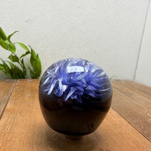 May include: A clear, spherical paperweight with a dark base, encasing vibrant blue flowers. The floral arrangement is suspended within the transparent orb, creating a unique decorative piece. The paperweight sits on a wooden surface.