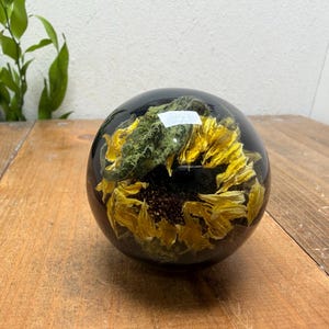 May include: A spherical paperweight made of clear resin containing a preserved sunflower with bright yellow petals and a dark brown center, along with green leaves. The object has a smooth, glossy finish and a small white sticker on the surface.