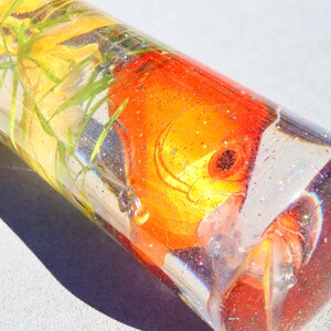 May include: A clear glass cylinder filled with glitter and a red and yellow fish with green plants.