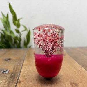 May include: A cylindrical gear shift knob made of clear resin, featuring a vibrant pink base and a delicate arrangement of dried pink baby's breath flowers suspended within the transparent upper section of the smooth, polished object.