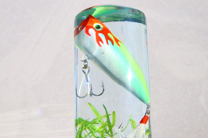 Pu&ograve; includere: Un'esca da pesca bianca e verde con fiamme rosse e arancioni &egrave; racchiusa in un cilindro trasparente pieno d'acqua e piante verdi.