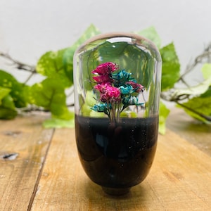 May include: A clear glass dome with a black base encloses a bouquet of pink and blue dried flowers. The flowers are arranged in a cluster and appear to be preserved.
