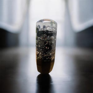 May include: A clear, rectangular object with a dark, textured interior and a gold-colored base. The object is standing upright on a dark surface, with light reflecting off the top and base. The interior appears to have a bubbly texture.