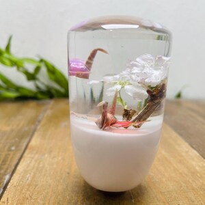May include: A clear, rounded glass object with a pink base, containing a paper crane, white flowers, and a pink object. The crane is folded from red paper. The flowers are white and the pink object is a small, rounded shape.