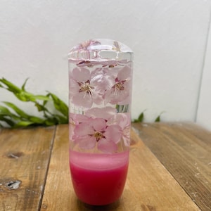 May include: A clear, cylindrical object with pink cherry blossoms suspended in a clear liquid. The bottom portion is a solid, vibrant pink. The object is displayed on a wooden surface.