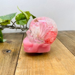 Puede incluir: Un cráneo de resina rosa con una cúpula de resina transparente llena de flores prensadas rosas y blancas.