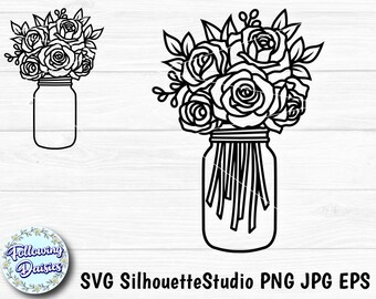 Download Art Collectibles Clip Art Flowers Floral Decoration Roses Bouquets Paper Cut Template Cut Files For Cricut And Silhouette Mason Jar With Flowers Svg