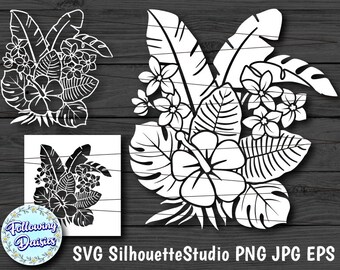 FOGLIE TROPICALI in Svg, Foglie di palma, Ibisco, Modello di taglio della carta, File Svg per Cricut e Silhouette, Download istantaneo