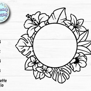 CADRE avec FLEURS SVG Nº C20, Cadre floral, Cadre circulaire, Feuilles tropicales, Monogramme de fleurs, Fichiers de cricut et coupe silhouette