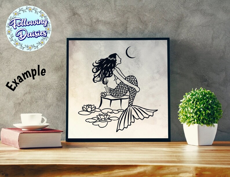May include: Black and white illustration of a mermaid sitting on a tree stump with a crescent moon in the background. The mermaid has long flowing hair and a tail with scales. There are water lilies around the stump.