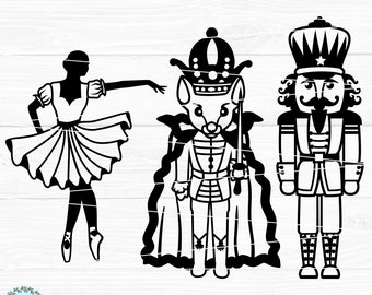 May include: Black and white silhouette illustration of a ballerina, a nutcracker prince, and a mouse king. The nutcracker prince is wearing a crown and a cape. The mouse king is wearing a crown and a cape. The ballerina is wearing a tutu. The text "NUTCRACKER BALLET" is at the top of the image.