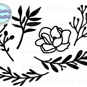 May include: Black and white line art illustrations of various floral elements, including a single flower, a leafy branch, and several sprigs of berries.
