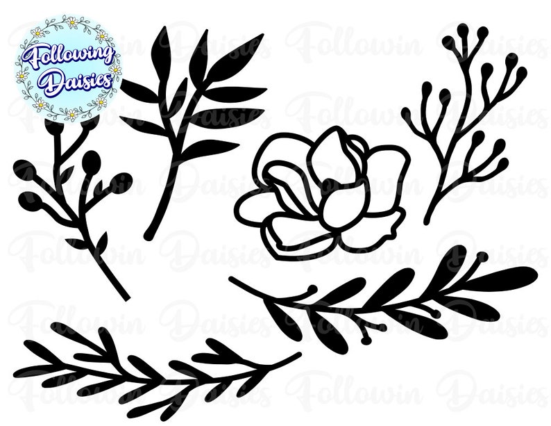 May include: Black and white line art illustrations of various floral elements, including a single flower, a leafy branch, and several sprigs of berries.