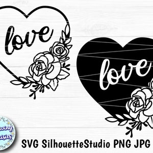 CORAZON con rosas y la palabra LOVE en SVG, Corazón floral, Decoración de San Valentín, Amor, Archivos en svg para cricut y silhouette
