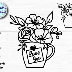 MUG FLORAL SVG, fleurs, amour, Saint-Valentin, tasse avec des fleurs, message d'amour, modèle en papier découpé, fichiers Svg pour cricut et silhouette