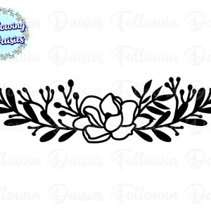 May include: Black and white silhouette of a floral arrangement with a single large flower in the center and smaller leaves and buds surrounding it.