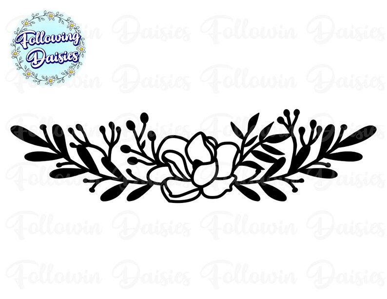May include: Black and white silhouette of a floral arrangement with a single large flower in the center and smaller leaves and buds surrounding it.