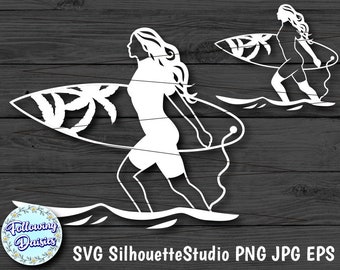 SURFER GIRL SVG, Surfer girl and surfboard, surfer girl silhouette, Beach, Sea, Svg files for cricut and silhouette, Paper cut template