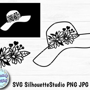 May include: Black and white silhouette of a sun hat with flowers on the brim. The hat is a wide brimmed style with a large crown. The flowers are stylized and have a simple design.