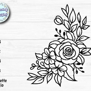 May include: Black and white line art illustration of a floral bouquet with a large rose and smaller flowers. The bouquet is arranged in a corner shape.
