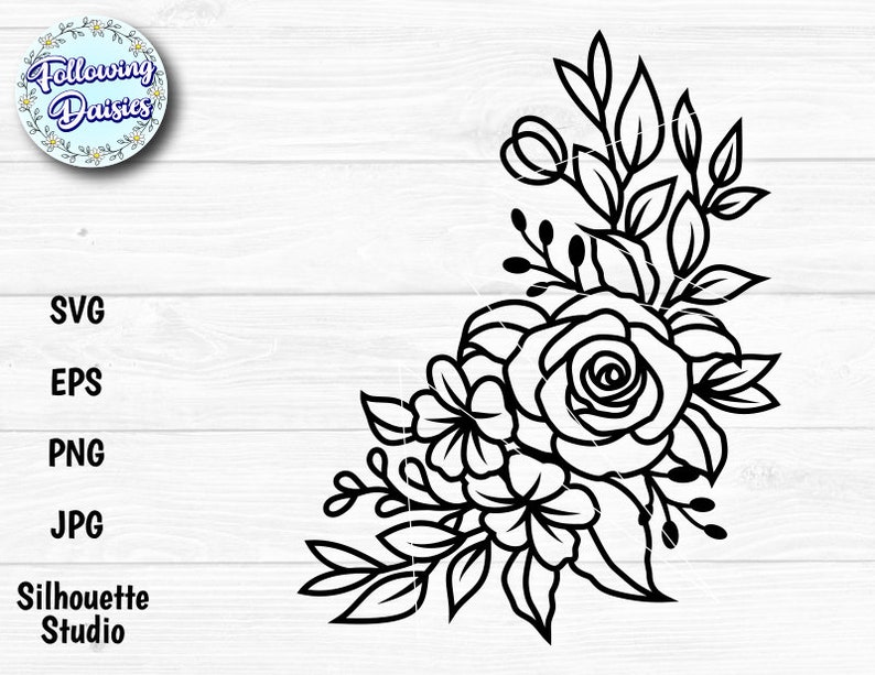 May include: Black and white line art illustration of a floral bouquet with a large rose and smaller flowers. The bouquet is arranged in a corner shape.