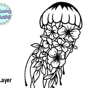 May include: Black and white line art illustration of a jellyfish with flowers. The jellyfish has a bell-shaped head with a series of lines radiating from the center. The flowers are arranged around the jellyfish's head and tentacles.