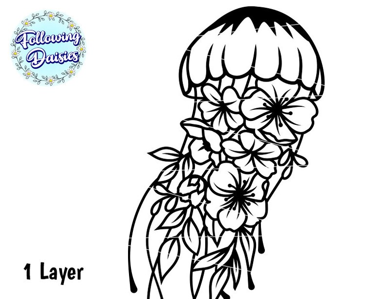 May include: Black and white line art illustration of a jellyfish with flowers. The jellyfish has a bell-shaped head with a series of lines radiating from the center. The flowers are arranged around the jellyfish's head and tentacles.