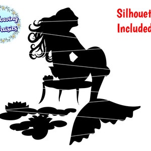 May include: Black silhouette of a mermaid sitting on a stool with lily pads around her. The text "Silhouettes Included" is in red at the top right of the image.