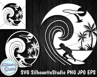 SURFER SVG, Surfer and big wave, surfer silhouette, Svg files for cricut and silhouette, Paper cut template, instant download