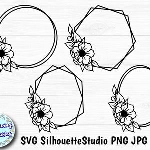 RAHMEN mit BLUME SVG #P07, Florale geometrische Rahmen, Polygonale Rahmen, Blumenmonogramme, Schnittdateien für Cricut und Silhouette