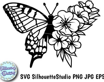 BUTTERFLY in SVG, Floral butterfly, Flowers svg, Spring, Butterfly silhouette, Paper cut template, Svg files for cricut and silhouette