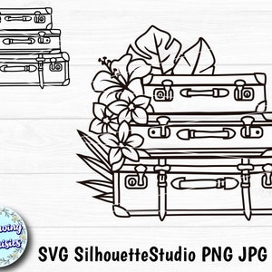 Vieilles VALISES et FLEURS tropicales en SVG, Été, Plage, Vacances, Floral, Voyage, Fichiers Svg pour cricut et silhouette, Modèle découpé en papier
