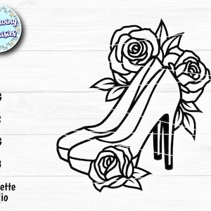 High HEEL SHOES SVG, Heeled shoes decorated with flowers, Women shoes, Fashion, Svg files for cricut and silhouette, Paper cut template image 1