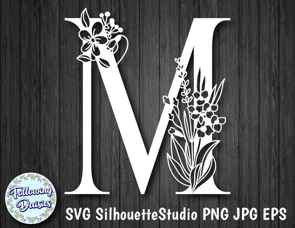 Floral letter M svg, Flower M monogram font initial SVG