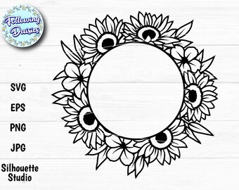 ZONNEBLOEM FRAME in SVG, Bloemenkrans, Monogram frame, Cirkelframe, Frame clipart, Papier gesneden sjabloon, Svg-bestanden voor cricut en silhouet