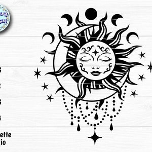 ZON en MAAN SVG, Maanfasen, Mystiek, Hemels, Sterren, Boho, Zongezicht, Svg-bestanden voor cricut en silhouet, Papier gesneden sjabloon