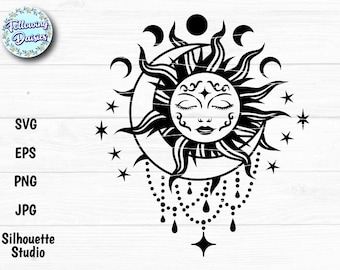 May include: Black and white illustration of a sun with a face and closed eyes, surrounded by a crescent moon and stars. The sun has a beaded chain hanging from it.