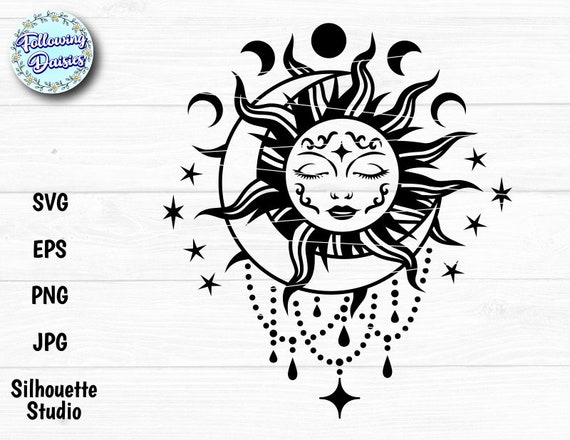 SUN and MOON SVG, Moon phases, Mystical, Celestial, Stars, Boho, Sun face, Svg files for cricut and silhouette, Paper cut template