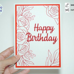 TARJETA feliz CUMPLEAÑOS SVG, Diseño de una sola linea, Tarjeta svg para cricut, Tarjeta floral ,Archivos de corte para cricut y silhouette