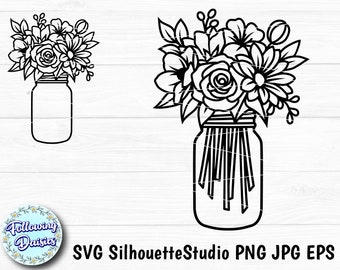 MASON JAR with flowers SVG, Mason jar cut file, Floral decoration, Flowers, Paper cut template, Cut files for cricut and Silhouette