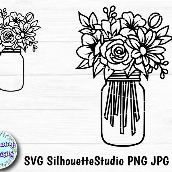 MASON JAR with flowers SVG, Mason jar cut file, Floral decoration, Flowers, Paper cut template, Cut files for cricut and Silhouette