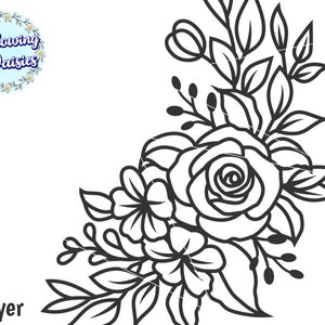 May include: Black and white line art illustration of a floral bouquet with a large rose and smaller flowers. The bouquet is arranged in a crescent shape and has a 1 Layer label.