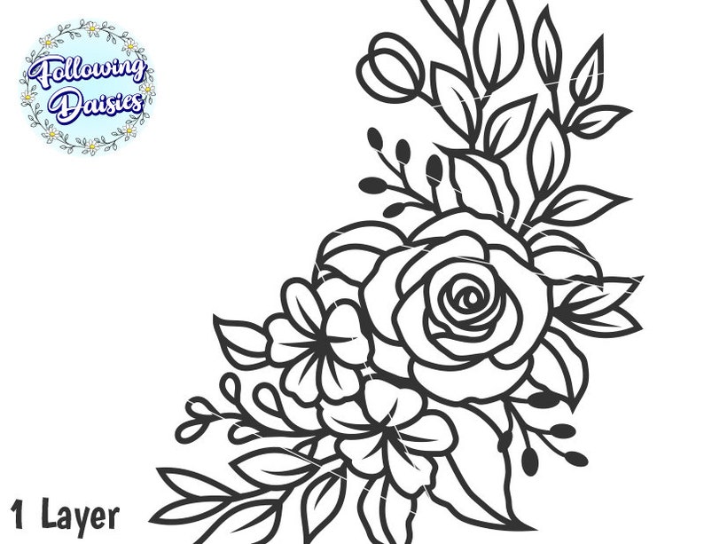 May include: Black and white line art illustration of a floral bouquet with a large rose and smaller flowers. The bouquet is arranged in a crescent shape and has a 1 Layer label.
