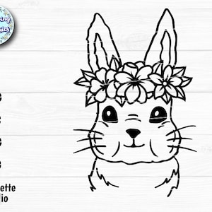LAPIN SVG, lapin avec couronne de fleurs, lapin de Pâques, lapin avec fleurs, visage de lapin, visage de lapin, fichiers Svg pour cricut et silhouette