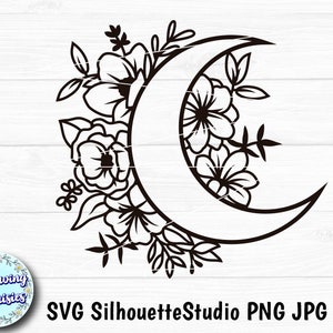 LUNE FLORAL en SVG, fleurs, décoration florale, demi-lune, nuit, étoiles, modèle en papier découpé, fichiers Svg pour cricut et silhouette