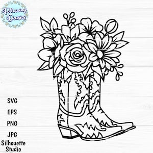 BOTTES DE COWBOY SVG, bottes décorées de fleurs, western, rodéo, ranch, cow-girl, fichiers Svg pour cricut et silhouette, modèle en papier découpé