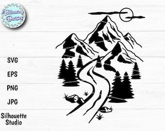 May include: Black and white silhouette design of a mountain range with a winding road leading through the peaks. The design includes a sun and clouds in the background.