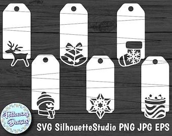 May include: Set of 8 printable Christmas gift tags featuring various holiday icons, including a reindeer, bells, a stocking, a snowflake, a snowman, and a gift box. The tags are white with black outlines and are ready to be printed and used for gift wrapping.