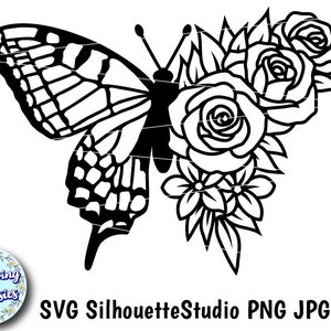 PAPILLON avec aile de FLEUR en SVG, Silhouette de papillon, Roses, Printemps, Papillon floral, Fichiers de coupe pour Cricut et Silhouette